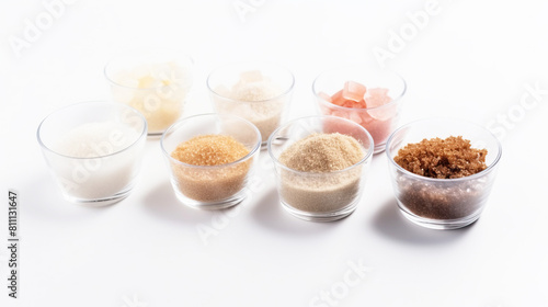 Colored various sugar in a glass container  white background isolate. AI generated.