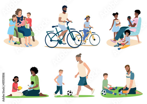 Happy parents and their children of different nationalities on a white background. Time with family. Day of family, loving parents, happy childhood. Set of vector illustrations.