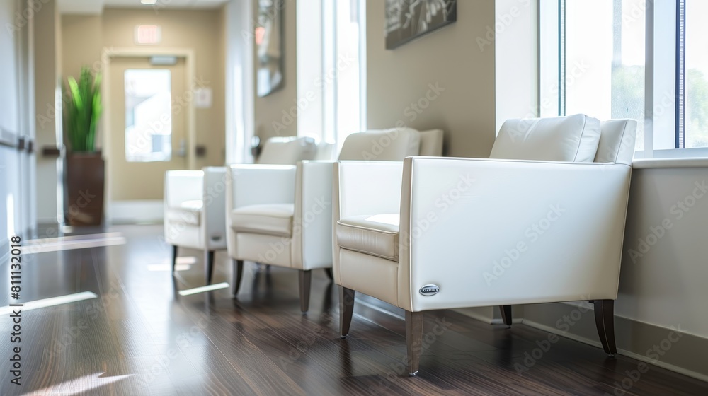 Intimate view of empty chairs with contemporary design in a medical waiting area, well-lit studio setup, isolated for clarity Intimate view of empty chairs with contemporary design in a medical waiting area, well-lit studio setup, isolated for clarity