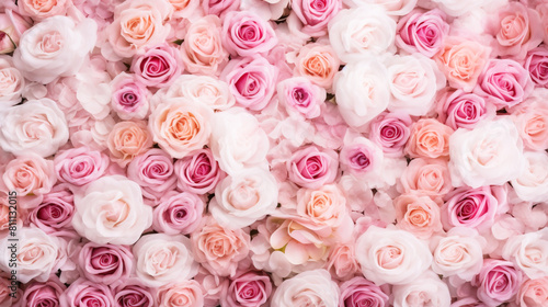 Nature, flower buds of pink roses in summer top view, wallpaper background. AI generated.