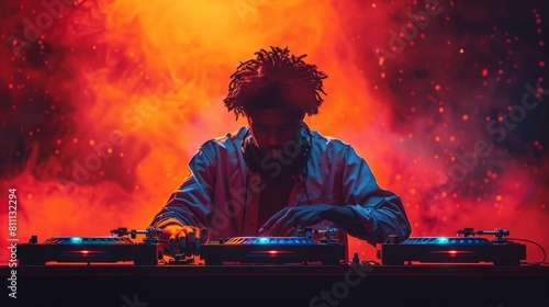 The color red is used to represent the color of the vinyl discs that are spinning on the DJ's turntable. DJ equipment, colored vinyl discs are spun on the turntable. Modern illustration, isolated on photo