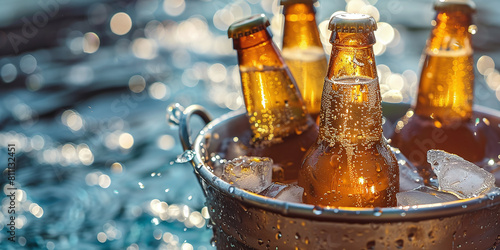 Wet beer bottles in a metal bucket with ice in a pool of water on a summer day.