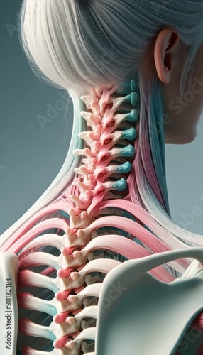 A woman's spine, as if viewed through an advanced medical scan, emphasizing neck pain and inflammation. The spine is shown in a very detailed manner, with the vertebrae clearly visible