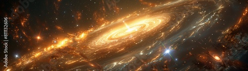 The image shows a beautiful spiral galaxy with glowing yellow and orange hues. photo