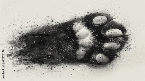 A cat's paw print with traces of scratches and claws. Feline footprint silhouette. Claws scratch scratch. Black and white modern isolated on white background. This design can be used for animal photo