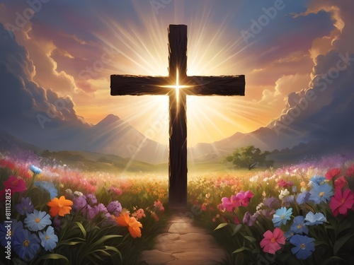silhouette of a cross at the center. Surround the cross with vibrant, blooming flowers, photo