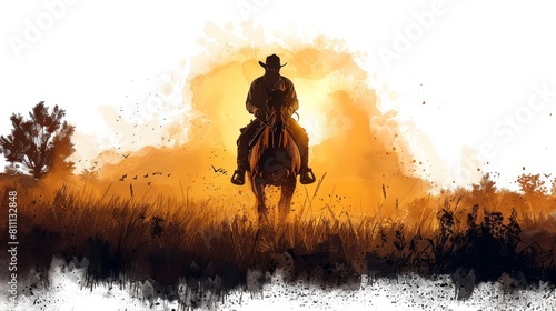 Human riding a horse wearing a cowboy's hat. Modern illustration isolated on white background. Rodeo, horse racing, wild west, western. photo