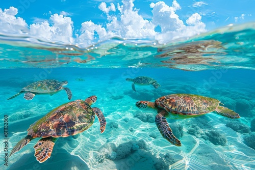 Green sea turtles migrating through clear waters. photo