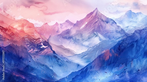 Landscape with mountains, birds and fog in monochrom painted in watercolor. AI generated illustration photo