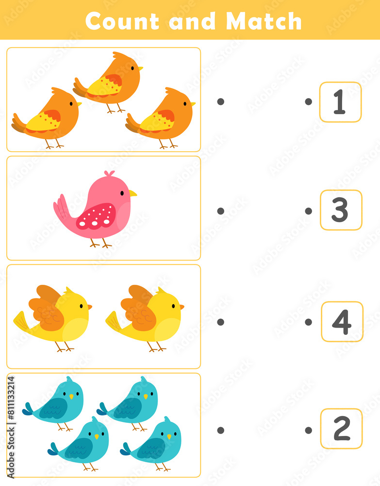 Fototapeta premium Counting educational children game. Math kids activity sheet. How many counting game with cute bird illustration. 