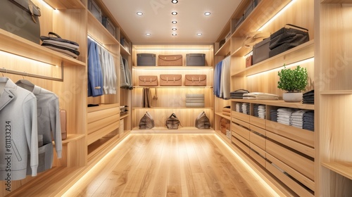 Detailed interior view of a modern closet, with spotless shelves and minimalist decor showcasing functional simplicity