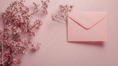 Detailed envelope beside flowers on a pink background  providing space for creative text or design  studio lighting for clarity