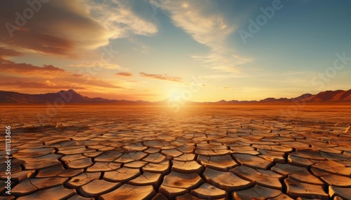 Desert landscape showing cracked earth, a water droplet effect in the corner, urging water conservation