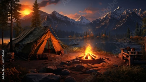 Immerse viewers in a serene wilderness camping scene at eye-level angle Show realistic tent details in the soft glow of a digital campfire using innovative lighting effects