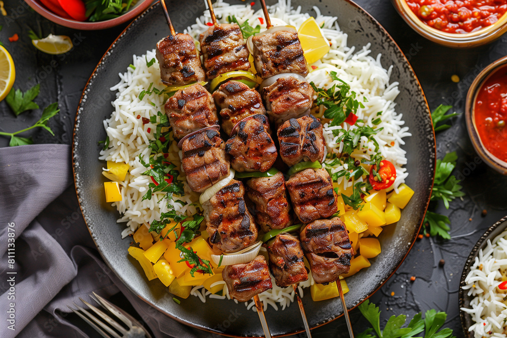 middle eastern kebabs and rice