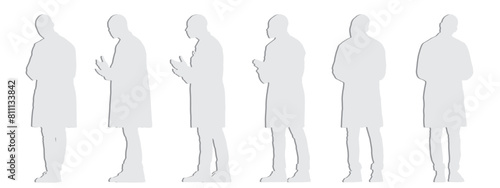 Vector  conceptual gray paper cut silhouette of a male doctor wearing a medical scrub from different perspectives isolated on white. A metaphor for health care, medicine,  diagnosis and treatment © high_resolution