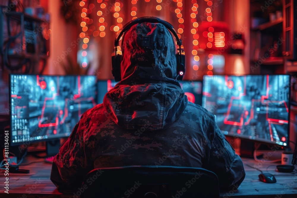 A hooded figure works in front of multiple monitors displaying cybersecurity information, set against a red neon-lit backdrop A hooded figure works in front of multiple monitors displaying cybersecurity information, set against a red neon-lit backdrop