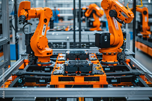 Advanced Orange Industrial Robot Arms Assemble EV Battery Pack on Automated Production Line 