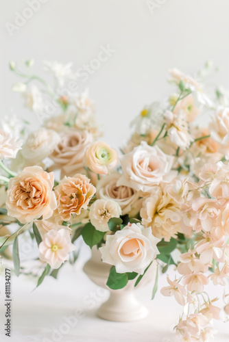 Flower arrangement of white and pink roses and peonies in vintage vase.
