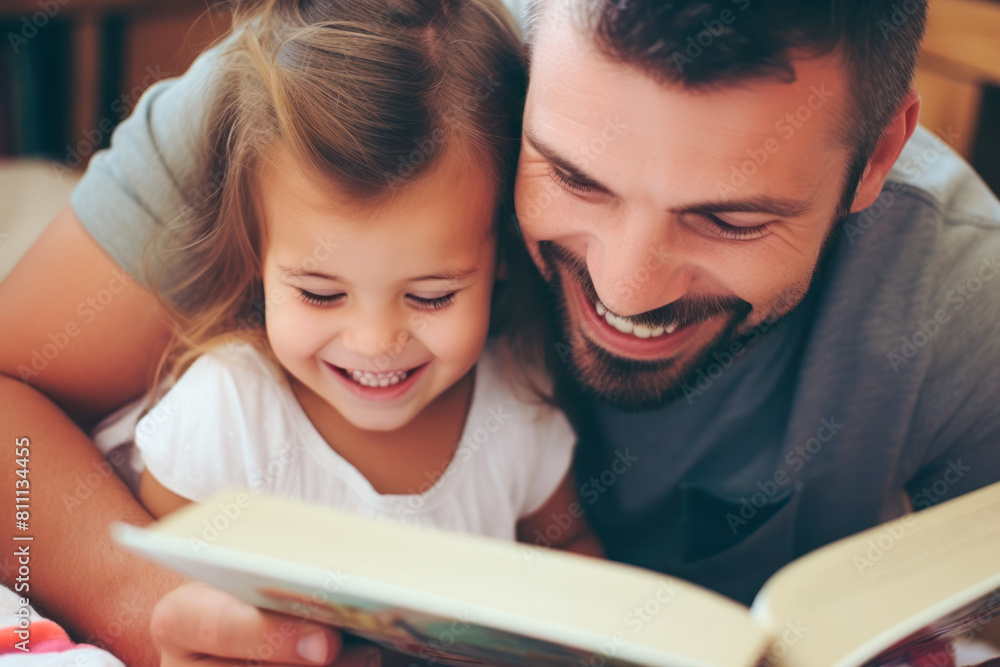 dad and daughter reading a fairy tale book, parents and children, care, portrait, close-up dad and daughter reading a fairy tale book, parents and children, care, portrait, close-up
