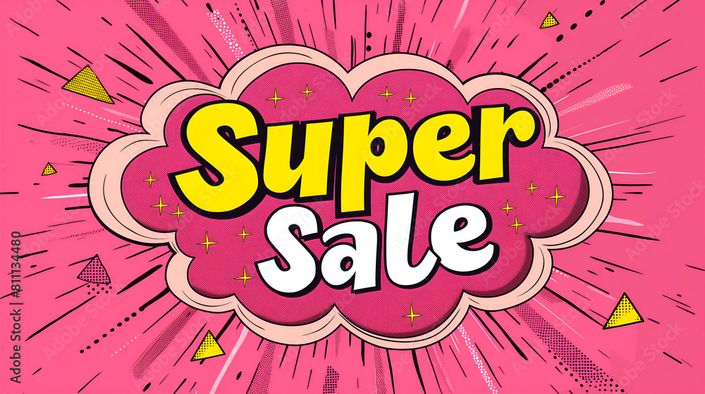 Special offer banner with comic lettering SUPER SALE! in the speech bubble comic style flat design.