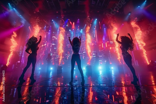 Silhouettes of three women dancing before an illuminated, futuristic backdrop that suggests a sci-fi themed concert or event