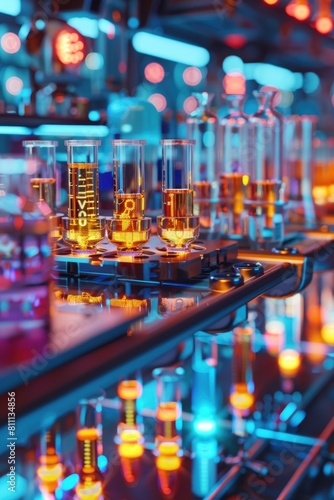 Pharmaceutical lab with a focus on molecular engineering  displaying arrays of scientific instruments and glowing test samples