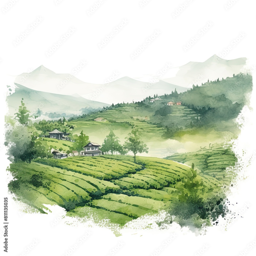 Obraz premium Watercolor tea garden. Scenery of tea plantation.