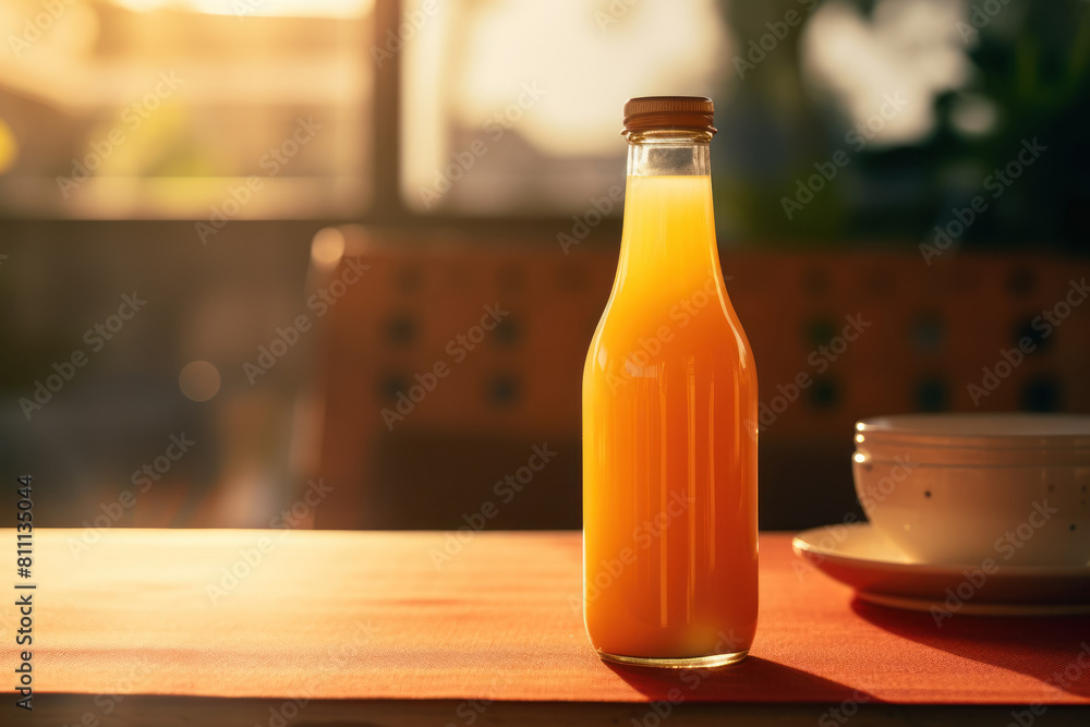 freshly squeezed orange juice in a bottle on the table, benefits, fresh juices, close-up freshly squeezed orange juice in a bottle on the table, benefits, fresh juices, close-up