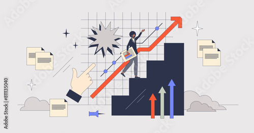 Performance management and work development tiny person neubrutalism concept. Career growth and effective professional mentoring vector illustration. Improvement for success and productivity.