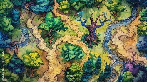 Enchanted forest map in watercolor, detailing paths that wind through lands guarded by giants and mystical deer with glowing antlers,