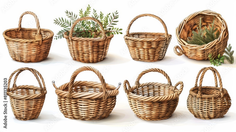 Wicker baskets with handle. Continuous line drawing. Modern illustration isolated on white background. Minimalistic style. Design elements. Ideal for icons, logos, prints, mobile apps, coloring