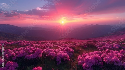 Sunset Over Pink Rhododendron Blooms in the Serene Mountains