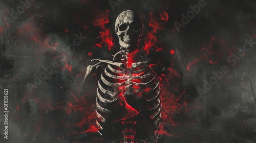 A devilcorethemed chest Xray of a healthy man, showing the lungs, heart, spine, clavicle, and diaphragm, highlighted with dark, eerie visual elements and infernal motifs