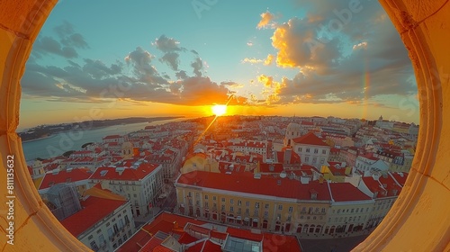 Golden Sunset Over Rossio Square in Lisbon, Portugal Framed by an Oval Window photo