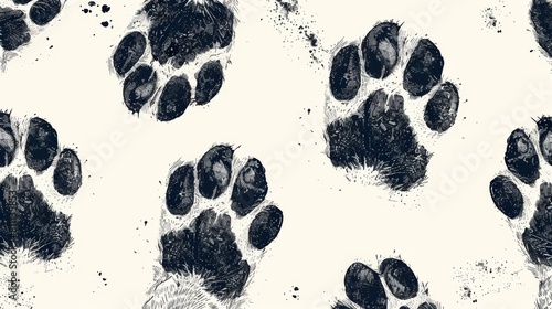 The seamless pattern is composed of black and white shapes and silhouettes of horse hooves. It also includes footprints of cows, goats, sheep, deer, elk, antelopes. photo