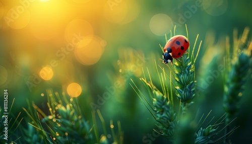 An ear of young green wheat and ladybug on a nature field in spring-summer, close-up of the macro with free space for text