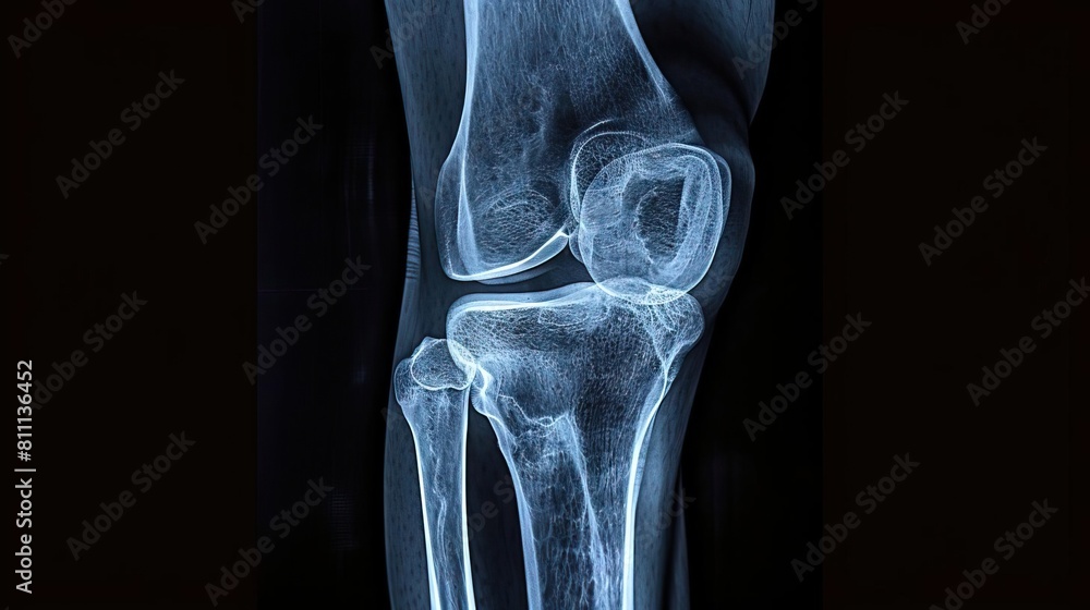 A detailed orthopedic Xray of an athletes knee joint, revealing visible vertebrae and highlighting joint stresses for accurate diagnosis A detailed orthopedic Xray of an athletes knee joint, revealing visible vertebrae and highlighting joint stresses for accurate diagnosis