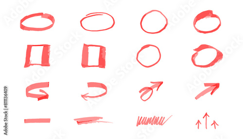 Red elements set, hand drawn marker circles, square, arrows. Underline, colorful text mark. Markers brushes underline collection. Vector illustration isolated on white background