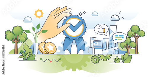 Work achievements and successful business job appraisal outline hands concept. Success badge for financial profit and victory vector illustration. Corporate competition and challenge trophy winner.