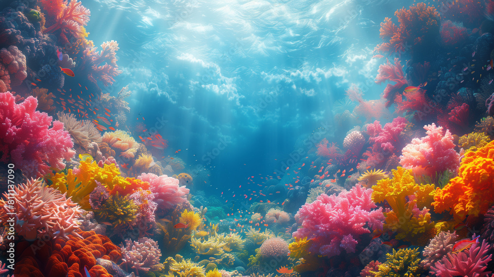 Fototapeta premium Underwater Coral Reef with Sunlight Beams