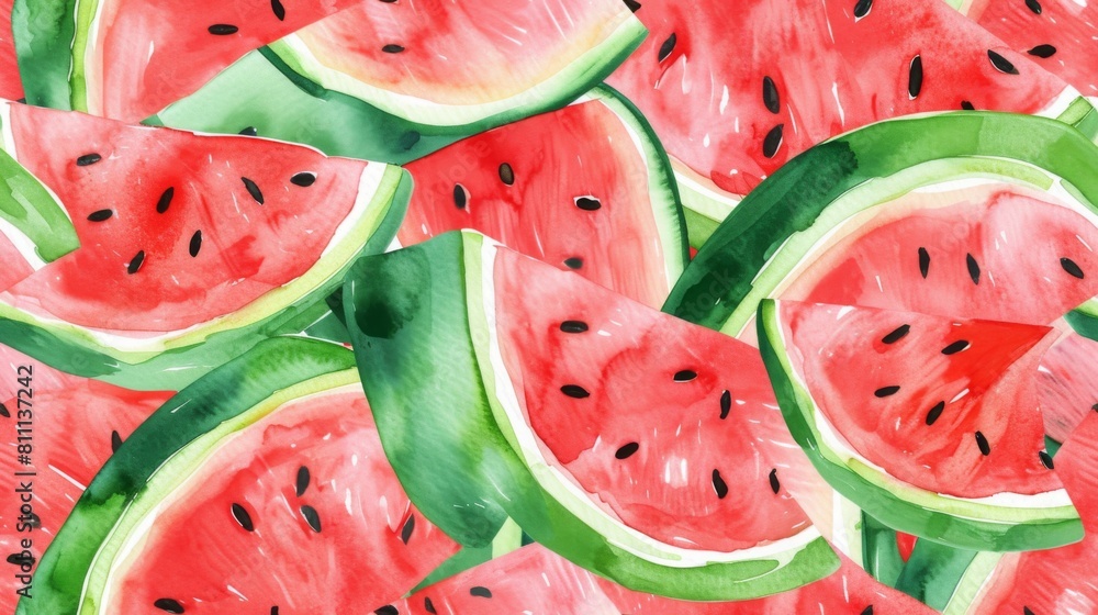 Watercolor Slices of watermelon seamless texture background Watercolor Slices of watermelon seamless texture background