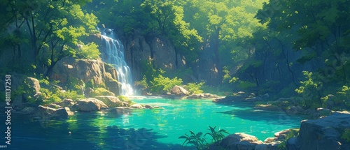 静かな滝が水晶のような清らかなプールに流れ落ち、豊かな緑に囲まれた水彩スタイルの背景。 photo