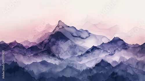 Landscape with mountains, birds and fog in monochrom painted in watercolor. AI generated illustration photo