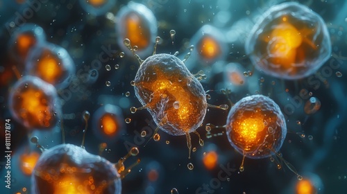 This is an image of a group of cells. The cells are orange and yellow, and they are surrounded by a blue liquid. The cells are also surrounded by small, white dots.
