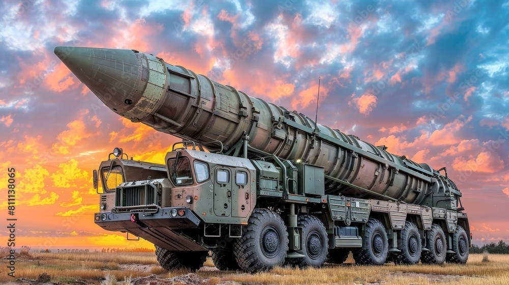 Silhouette of a military missile launcher truck against a colorful and vibrant sunset sky Silhouette of a military missile launcher truck against a colorful and vibrant sunset sky