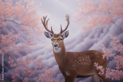 Illustrate a stunning aerial perspective of a majestic deer  exuding grace and strength as it holds a sign featuring a prominent question mark Infuse the scene with a sense of intrigue and wonder  uti