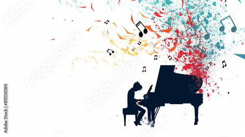 A white background with a person playing the piano in the center, and musical notes floating around. photo