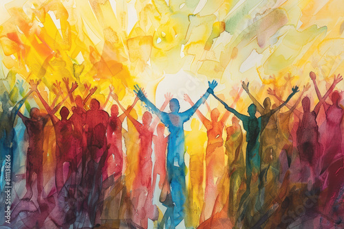 Diverse Group Gathering Watercolor Painting, Pentecost a Christian holiday, the descent of the Holy Spirit. photo