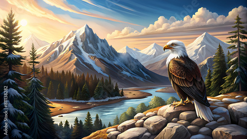 A bald eagle in mountain valley